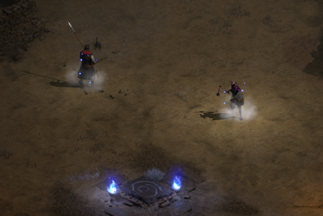 A Diablo 2 mercenary using the Insight runeword to provide a meditation aura.