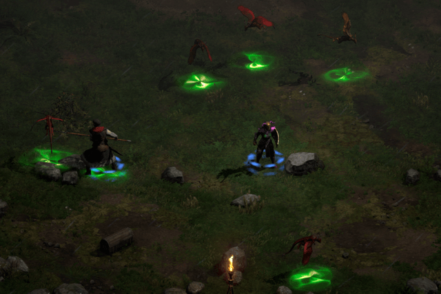 A Diablo 2 mercenary using the Infinity Runeword to provide a conviction aura.