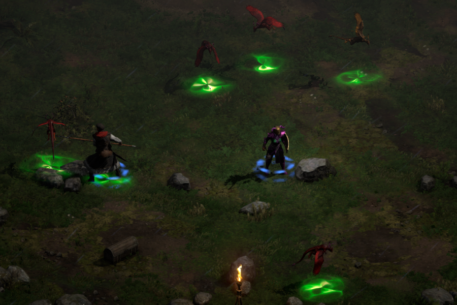 A Diablo 2 mercenary using the Infinity runeword to provide a conviction aura.